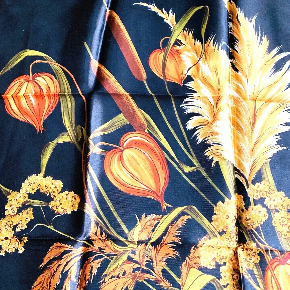 Vintage Silky Satin Scarf 26” Square Black & Autumn Colors Orange Gold 70's Chic